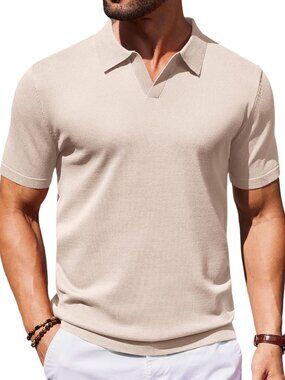 Women's Khaki V-Neck Short Sleeve Stretch Knit Polo Shirt Top
